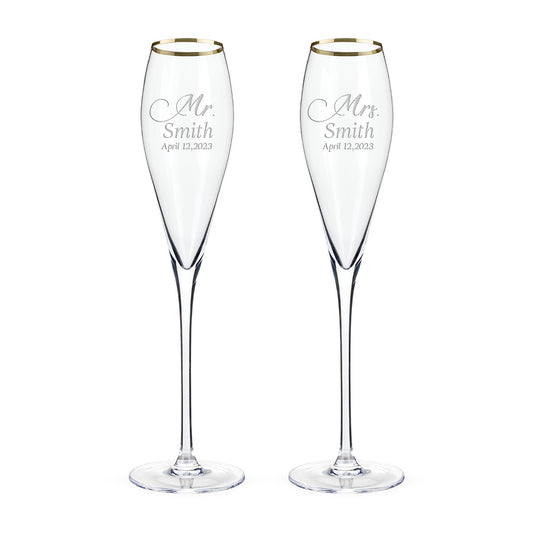 Customizable Mr. & Mrs. Smith, Premium Gold Rimmed Champagne Flute, (Set of 2) Handmade, Handblown, Hand Etched Gifts, Sand Carved, 6oz, Laser Etched or Hand Etched