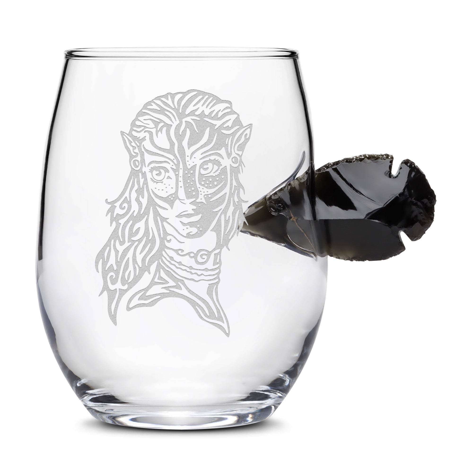 Integrity Bottles, Pandora Way of Water, Avatar Warrior Neytiri, Obsidian Arrowhead, Stemless Wine Glass, 15oz, Laser Etched or Hand Etched