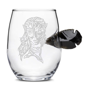 Integrity Bottles, Pandora Way of Water, Avatar Warrior Neytiri, Obsidian Arrowhead, Stemless Wine Glass, 15oz