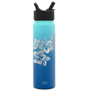 Premium Stainless Steel Water Bottle, Hibiscus Design, Extra Lid, 22oz