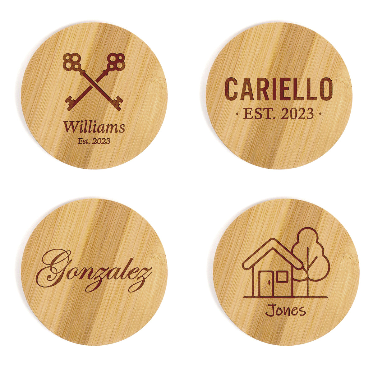 Integrity Bottles, (Set of 4) Customizable Circle Shaped Bamboo Coasters, Handmade, Laser Engraved, 3.75"