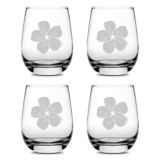 Integrity Bottles, Premium Stemless Wine Glasses, Single Plumeria, Set of 4, Laser Etched or Hand Etched