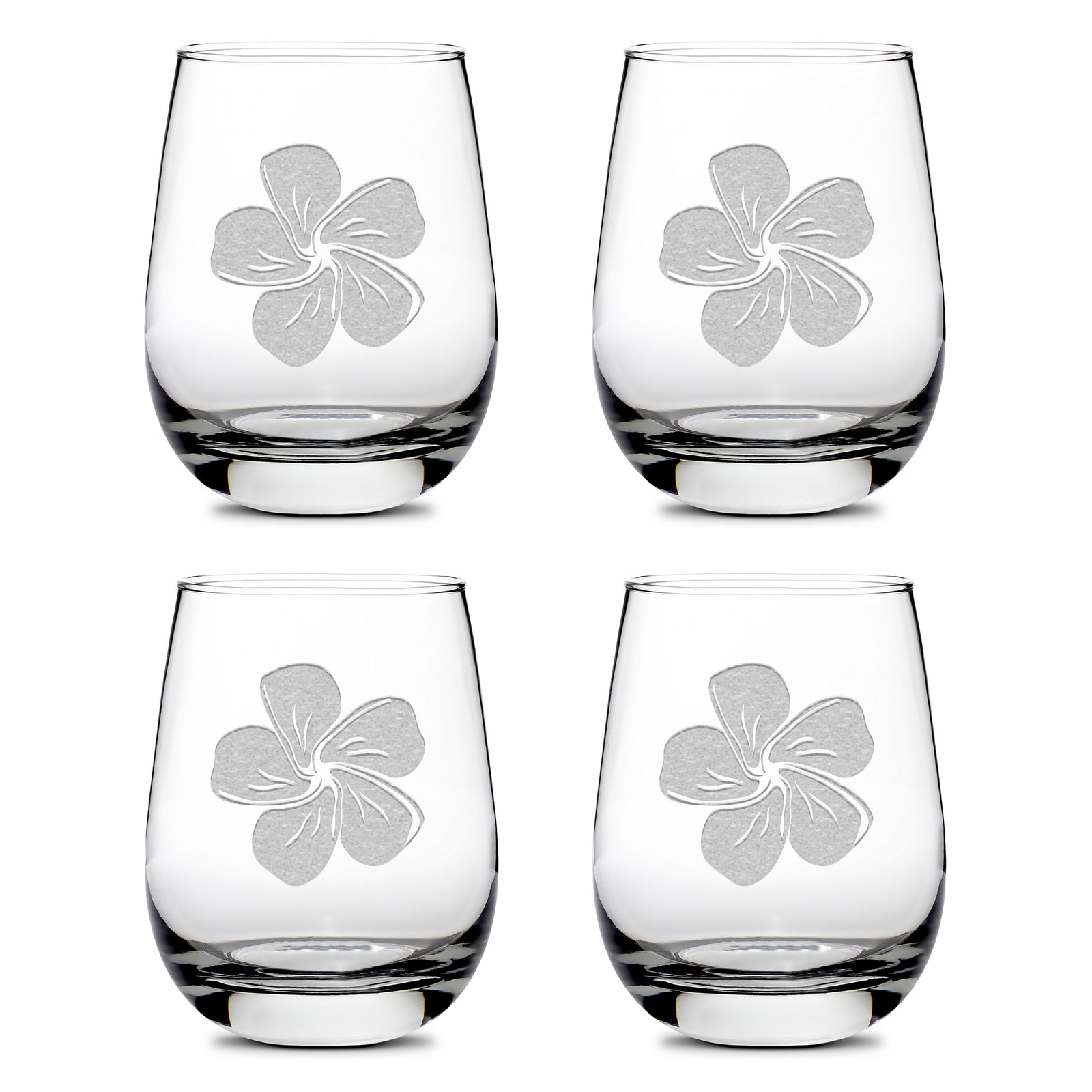 Integrity Bottles, Premium Stemless Wine Glasses, Single Plumeria, Set of 4, Laser Etched or Hand Etched