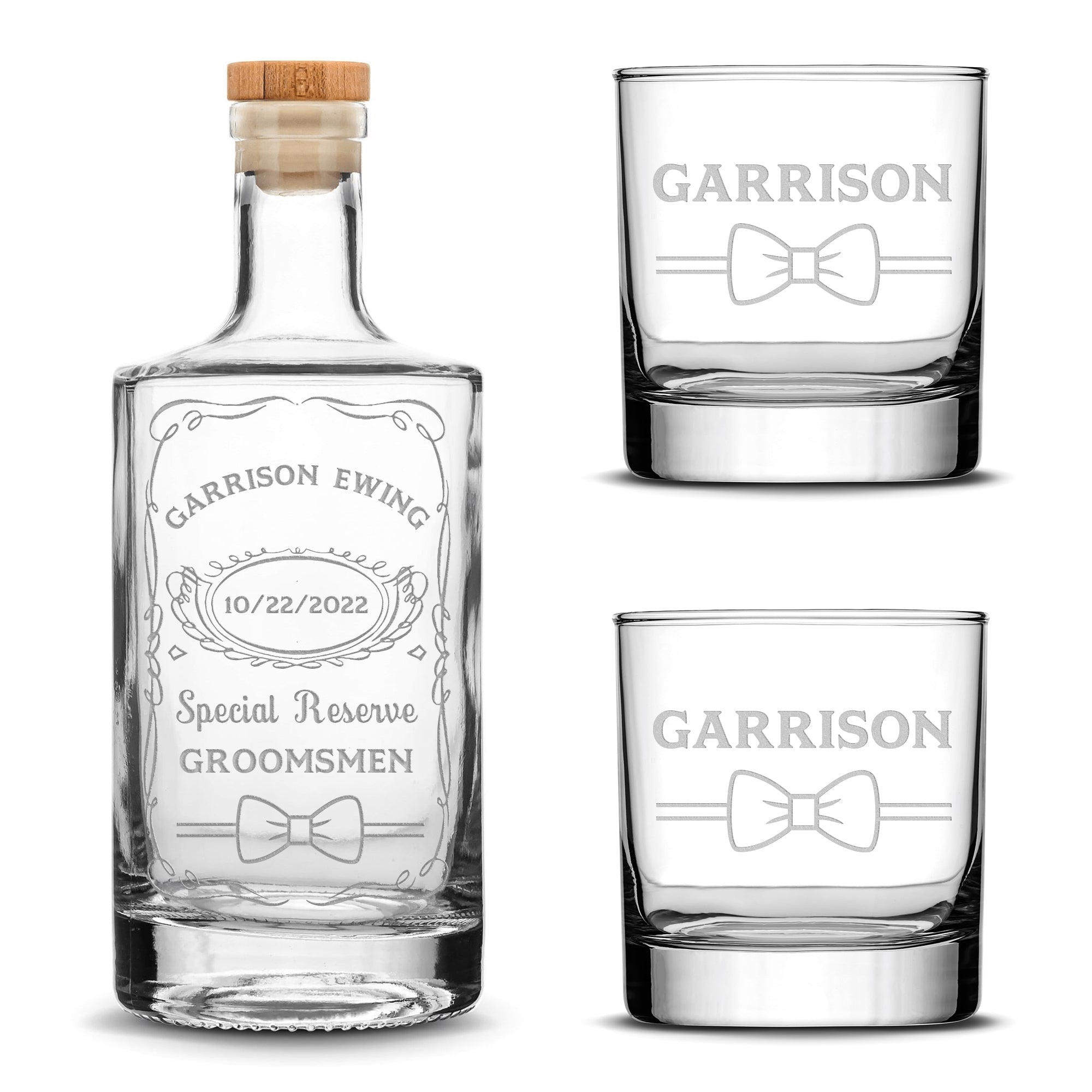 Customizable, Special Reserve Groomsman, Premium Refillable Jersey Style Liquor Decanter and (Set of 2) Premium Whiskey Glasses, Handmade, Handblown, Hand Etched Gifts, Sand Carved, 750ml, Laser Etched or Hand Etched
