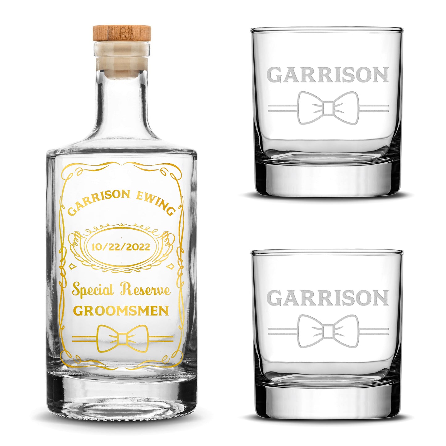 Customizable, Special Reserve Groomsman, Premium Refillable Jersey Style Liquor Decanter and (Set of 2) Premium Whiskey Glasses, Handmade, Handblown, Hand Etched Gifts, Sand Carved, 750ml, Laser Etched or Hand Etched