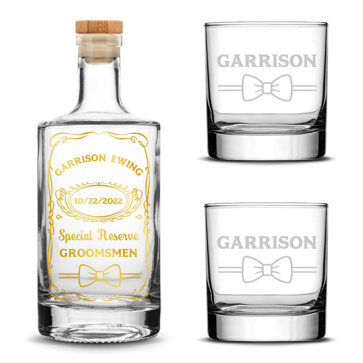 Customizable, Special Reserve Groomsman, Premium Refillable Jersey Style Liquor Decanter and (Set of 2) Premium Whiskey Glasses, Handmade, Handblown, Hand Etched Gifts, Sand Carved, 750ml, Laser Etched or Hand Etched