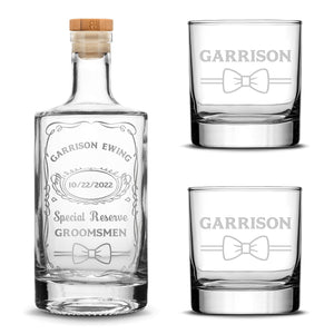 Integrity Bottles, Customizable, Special Reserve Groomsman, Premium Refillable Jersey Style Liquor Decanter and (Set of 2) Premium Whiskey Glasses, Handmade, Handblown, Hand Etched Gifts, Sand Carved, 750ml