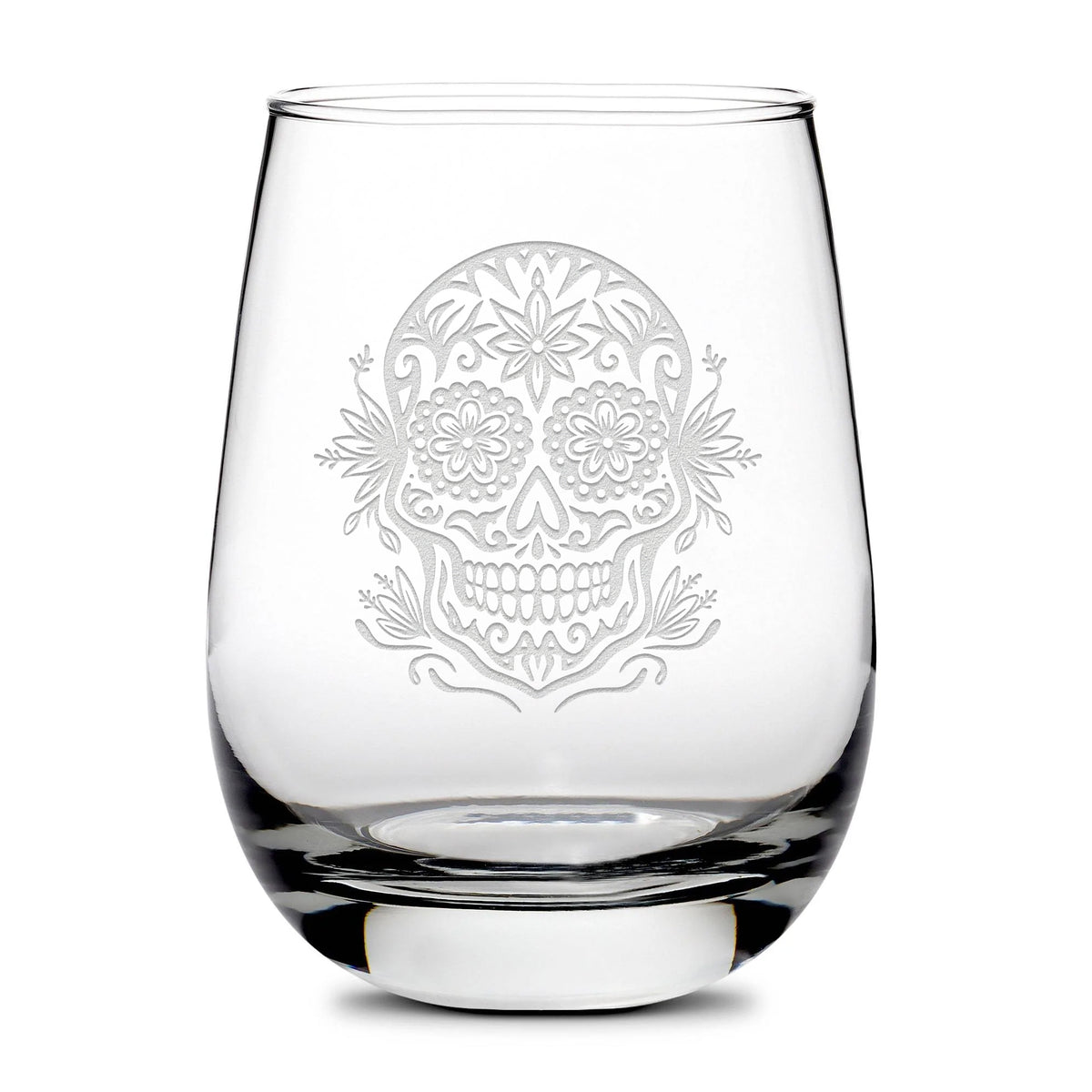 Integrity Bottles, Halloween Sugar Skull, Dia De Los Muertos, Stemless Wine Glass, Handmade, Laser Etched or Hand Etched, 16oz