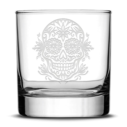 Integrity Bottles, Halloween Sugar Skull, Dia De Los Muertos, Old-Fashioned Rocks Glass, Handmade, Laser Etched or Hand Etched, 11oz