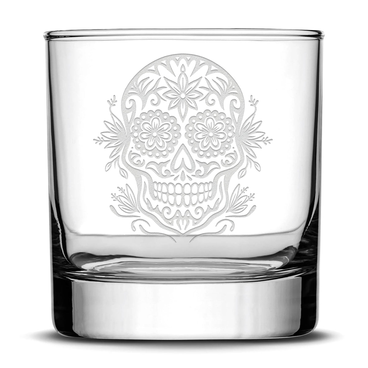 Integrity Bottles, Halloween Sugar Skull, Dia De Los Muertos, Old-Fashioned Rocks Glass, Handmade, Laser Etched or Hand Etched, 11oz