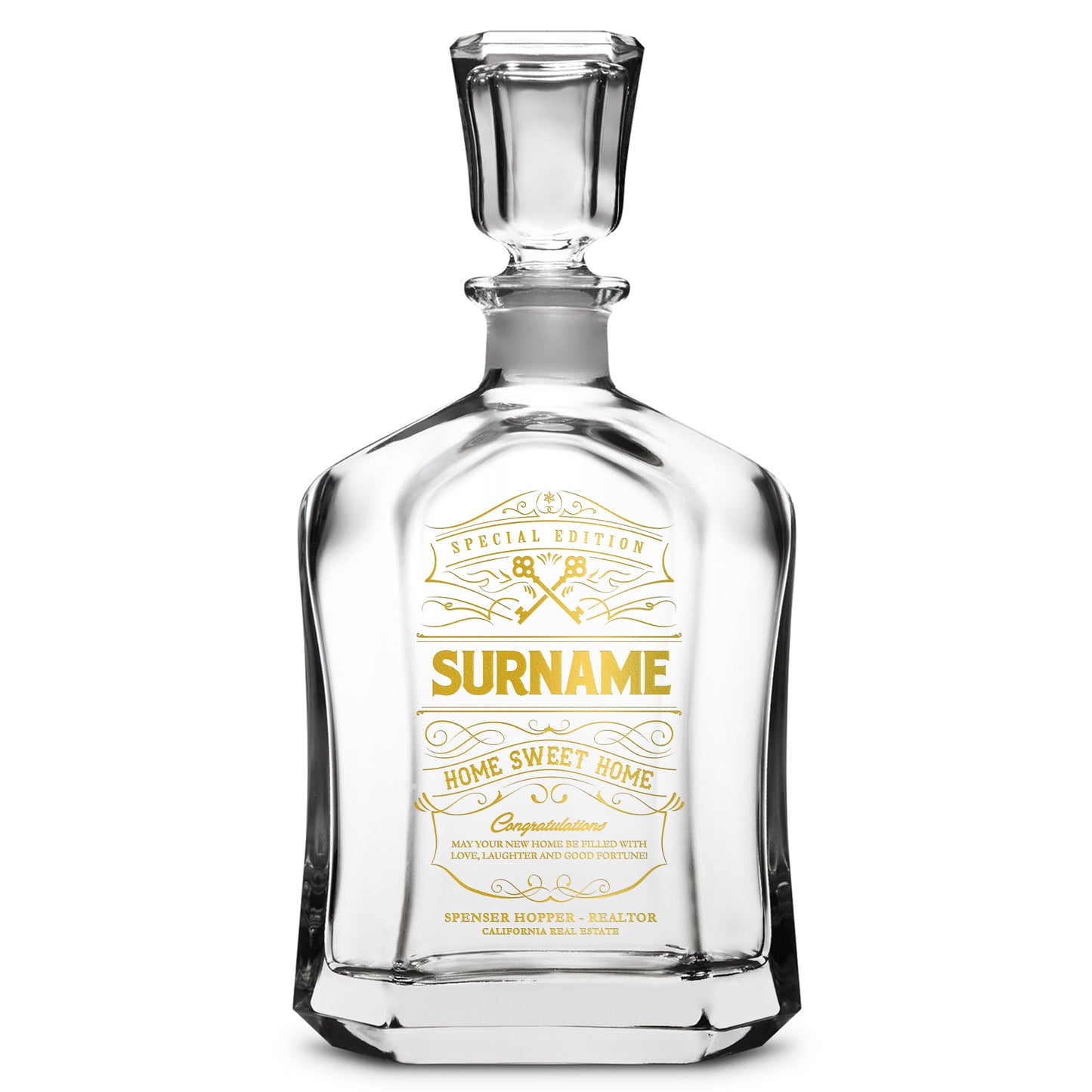 Integrity Bottles, Customizable Surname, Premium Refillable Capital Style Liquor Bottle, Handmade, Handblown, Hand Etched Gifts, Sand Carved, 750ml, Laser Etched or Hand Etched