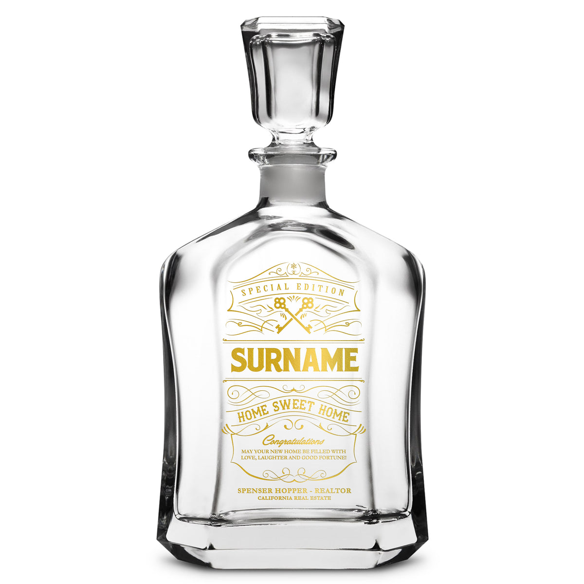 Integrity Bottles, Customizable Surname, Premium Refillable Capital Style Liquor Bottle, Handmade, Handblown, Hand Etched Gifts, Sand Carved, 750ml, Laser Etched or Hand Etched