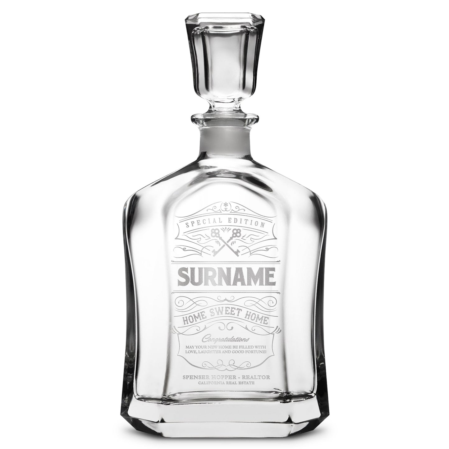 Integrity Bottles, Customizable Surname, Premium Refillable Capital Style Liquor Bottle, Handmade, Handblown, Hand Etched Gifts, Sand Carved, 750ml, Laser Etched or Hand Etched