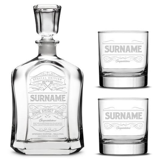 Customizable, Premium Refillable Capital Style Liquor Decanter and (Set of 2) Premium Whiskey Glasses, Handmade, Handblown, Hand Etched Gifts, Sand Carved, 750ml, Laser Etched or Hand Etched