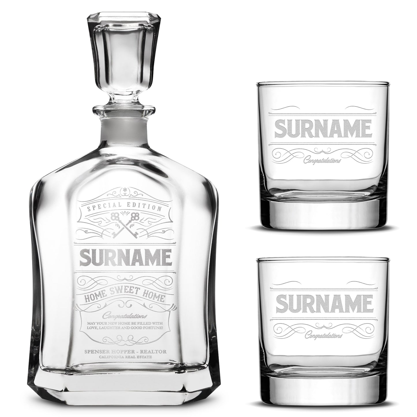 Customizable, Premium Refillable Capital Style Liquor Decanter and (Set of 2) Premium Whiskey Glasses, Handmade, Handblown, Hand Etched Gifts, Sand Carved, 750ml, Laser Etched or Hand Etched