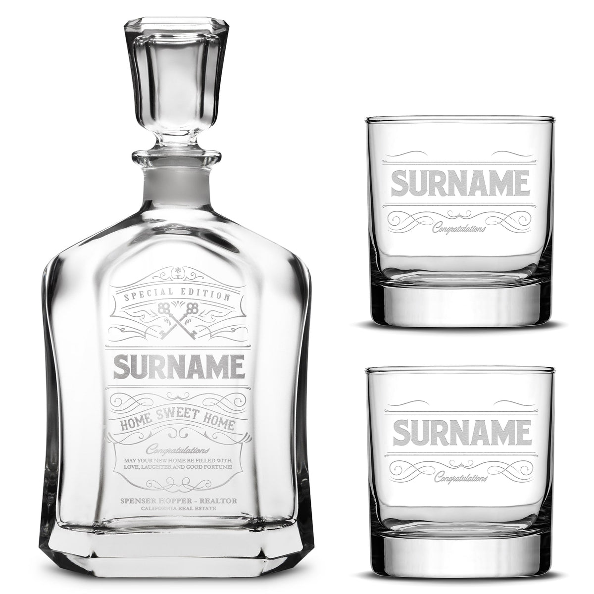 Customizable, Premium Refillable Capital Style Liquor Decanter and (Set of 2) Premium Whiskey Glasses, Handmade, Handblown, Hand Etched Gifts, Sand Carved, 750ml, Laser Etched or Hand Etched