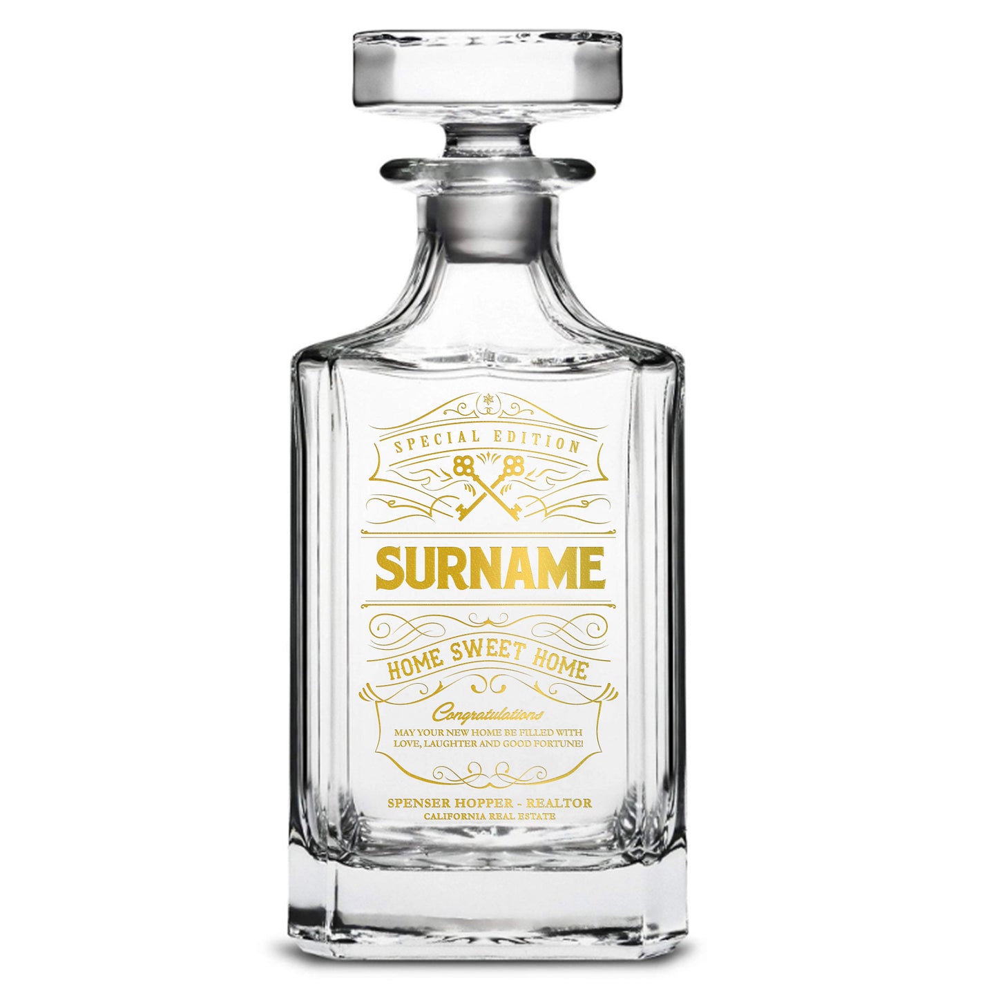 Integrity Bottles, Customizable Surname, Premium Refillable Diamond Style Liquor Decanter, Handmade, Handblown, Hand Etched Gifts, Sand Carved, 750ml, Laser Etched or Hand Etched