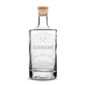 Customizable Surname, Premium Refillable Jersey Style Liquor Bottle, Handmade, Handblown, Hand Etched Gifts, Sand Carved, 750ml, Laser Etched or Hand Etched