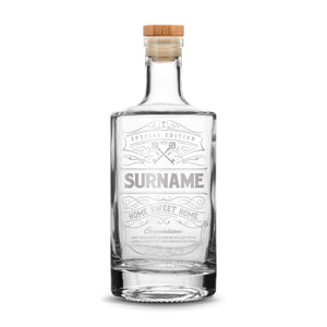 Customizable Surname, Premium Refillable Jersey Style Liquor Bottle, Handmade, Handblown, Hand Etched Gifts, Sand Carved, 750ml