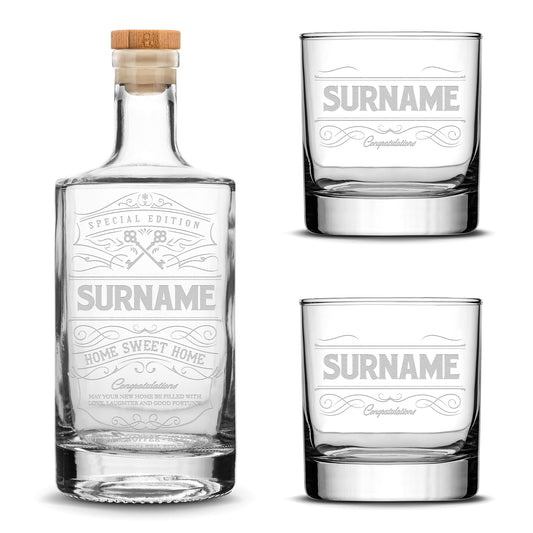 Customizable, Premium Refillable Jersey Style Liquor Decanter and (Set of 2) Premium Whiskey Glasses, Handmade, Handblown, Hand Etched Gifts, Sand Carved, 750ml, Laser Etched or Hand Etched