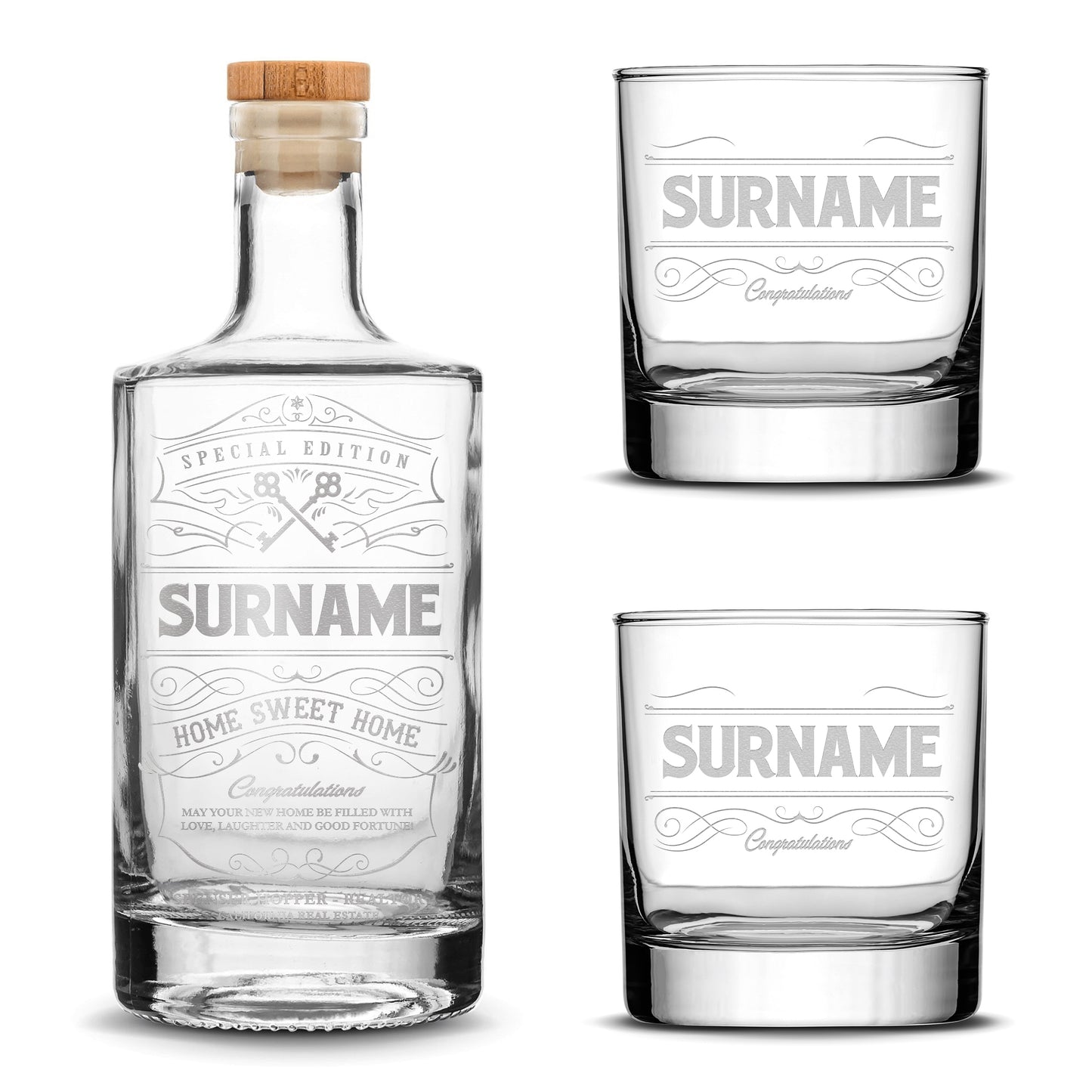 Customizable, Premium Refillable Jersey Style Liquor Decanter and (Set of 2) Premium Whiskey Glasses, Handmade, Handblown, Hand Etched Gifts, Sand Carved, 750ml, Laser Etched or Hand Etched