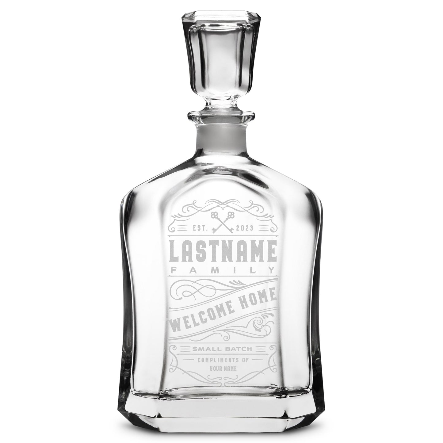 Customizable Welcome Home, Premium Refillable Capital Style Liquor Bottle, Handmade, Handblown, Hand Etched Gifts, Sand Carved, 750ml, Laser Etched or Hand Etched