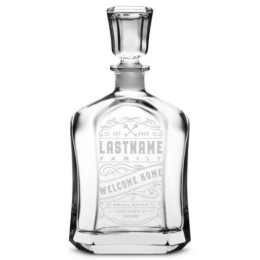 Customizable Welcome Home, Premium Refillable Capital Style Liquor Bottle, Handmade, Handblown, Hand Etched Gifts, Sand Carved, 750ml, Laser Etched or Hand Etched