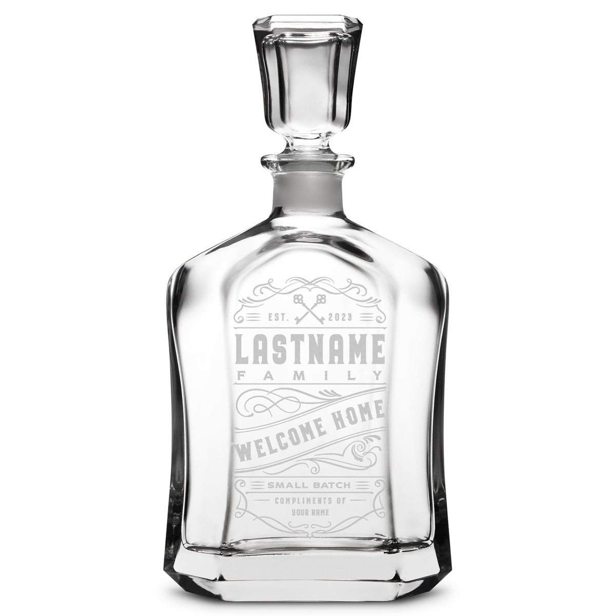 Customizable Welcome Home, Premium Refillable Capital Style Liquor Bottle, Handmade, Handblown, Hand Etched Gifts, Sand Carved, 750ml, Laser Etched or Hand Etched