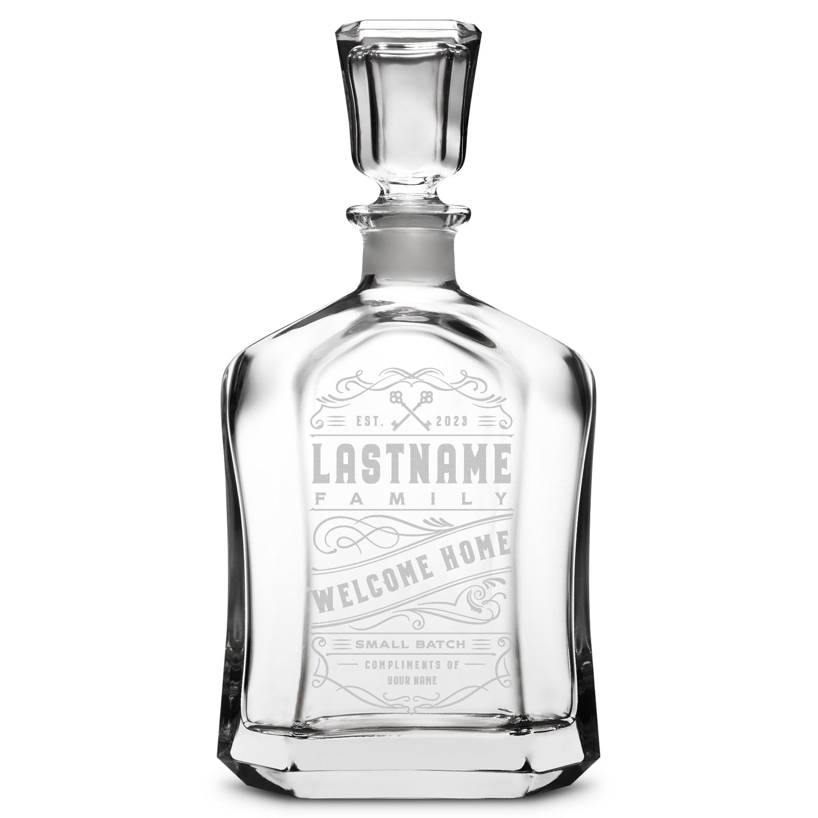 Customizable Welcome Home, Premium Refillable Capital Style Liquor Bottle, Handmade, Handblown, Hand Etched Gifts, Sand Carved, 750ml, Laser Etched or Hand Etched