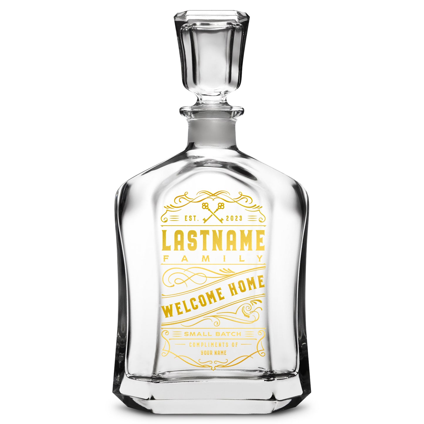 Customizable Welcome Home, Premium Refillable Capital Style Liquor Bottle, Handmade, Handblown, Hand Etched Gifts, Sand Carved, 750ml, Laser Etched or Hand Etched