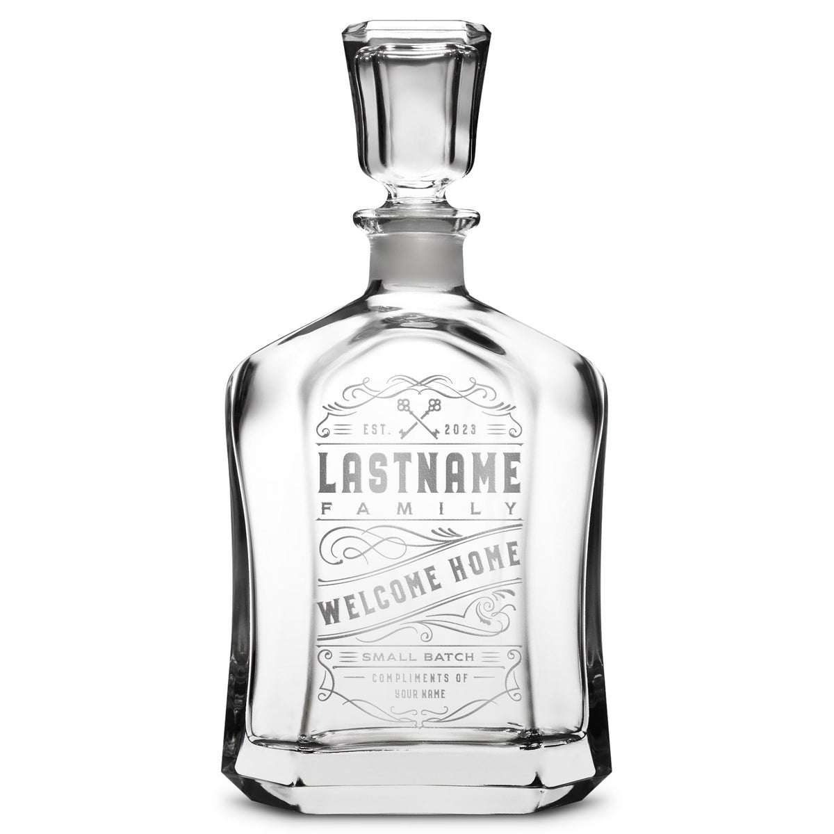 Customizable Welcome Home, Premium Refillable Capital Style Liquor Bottle, Handmade, Handblown, Hand Etched Gifts, Sand Carved, 750ml, Laser Etched or Hand Etched