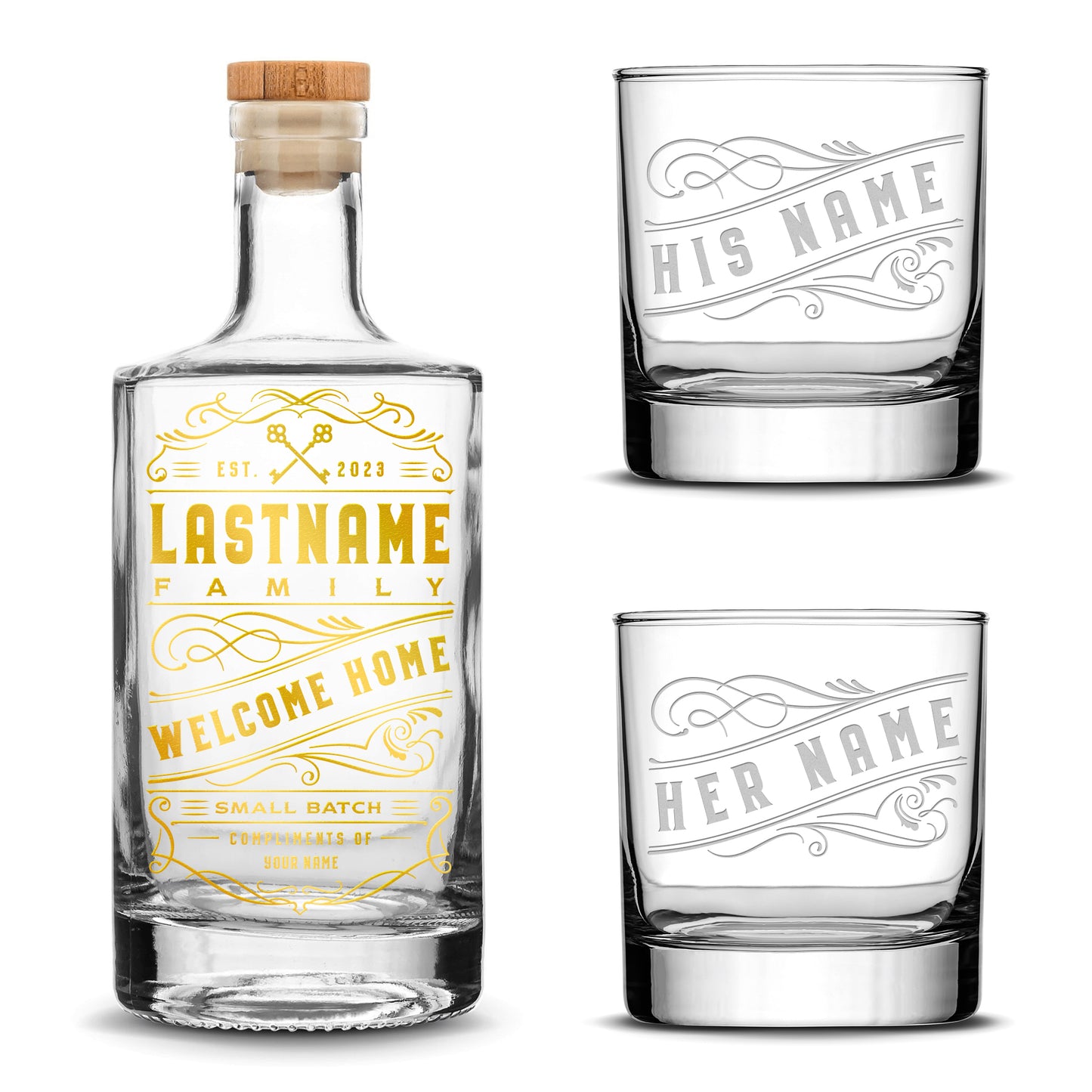 Customizable, Premium Refillable Jersey Style Liquor Decanter and (Set of 2) Premium Whiskey Glasses, Handmade, Handblown, Hand Etched Gifts, Sand Carved, 750ml, Laser Etched or Hand Etched