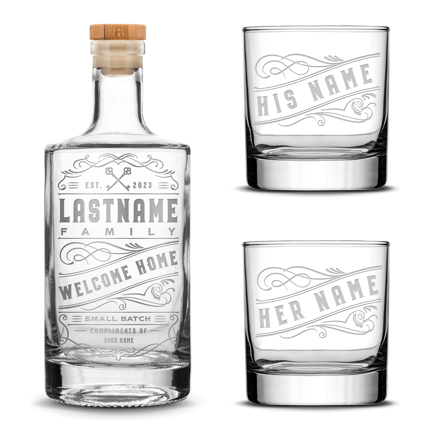 Customizable, Premium Refillable Jersey Style Liquor Decanter and (Set of 2) Premium Whiskey Glasses, Handmade, Handblown, Hand Etched Gifts, Sand Carved, 750ml, Laser Etched or Hand Etched