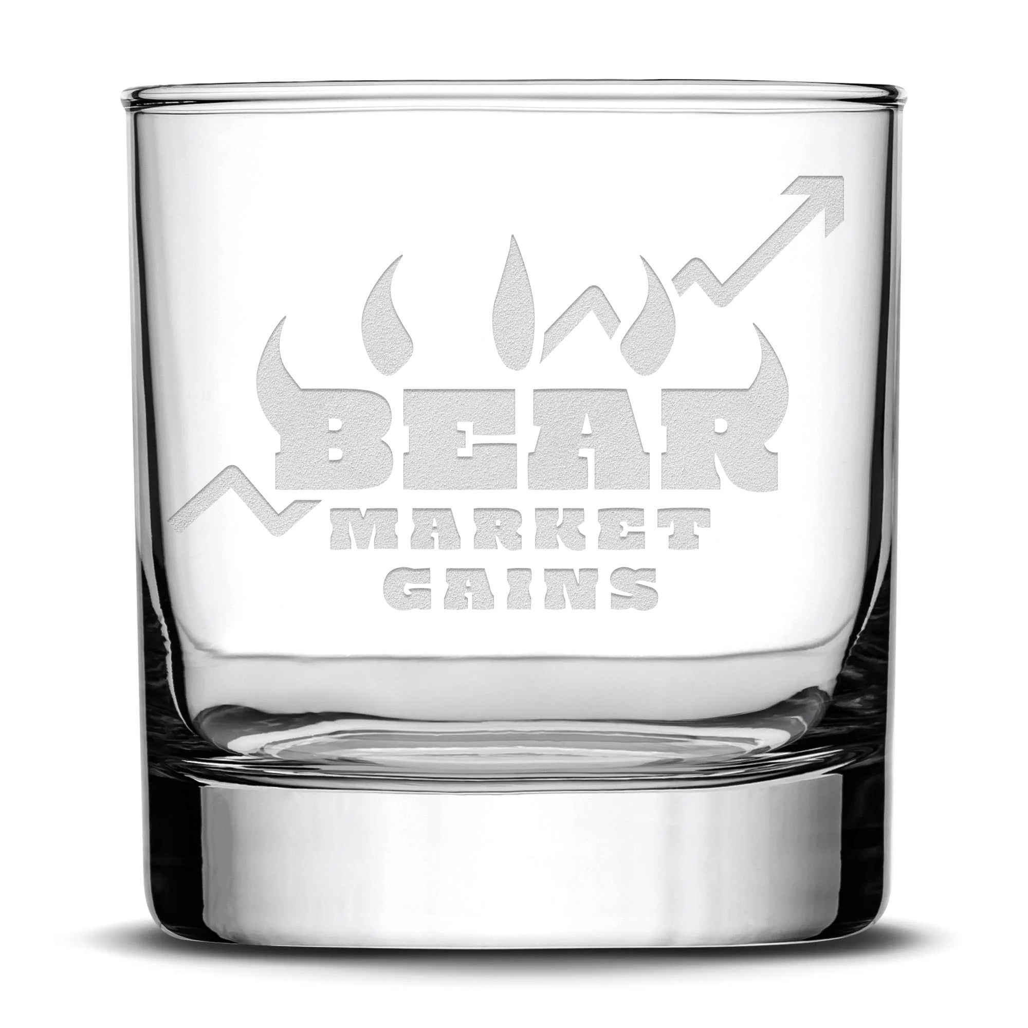 Integrity Bottles Premium, Bear Market Gains, Whiskey Glass, Hand Made in USA, Sand Etched, 11oz