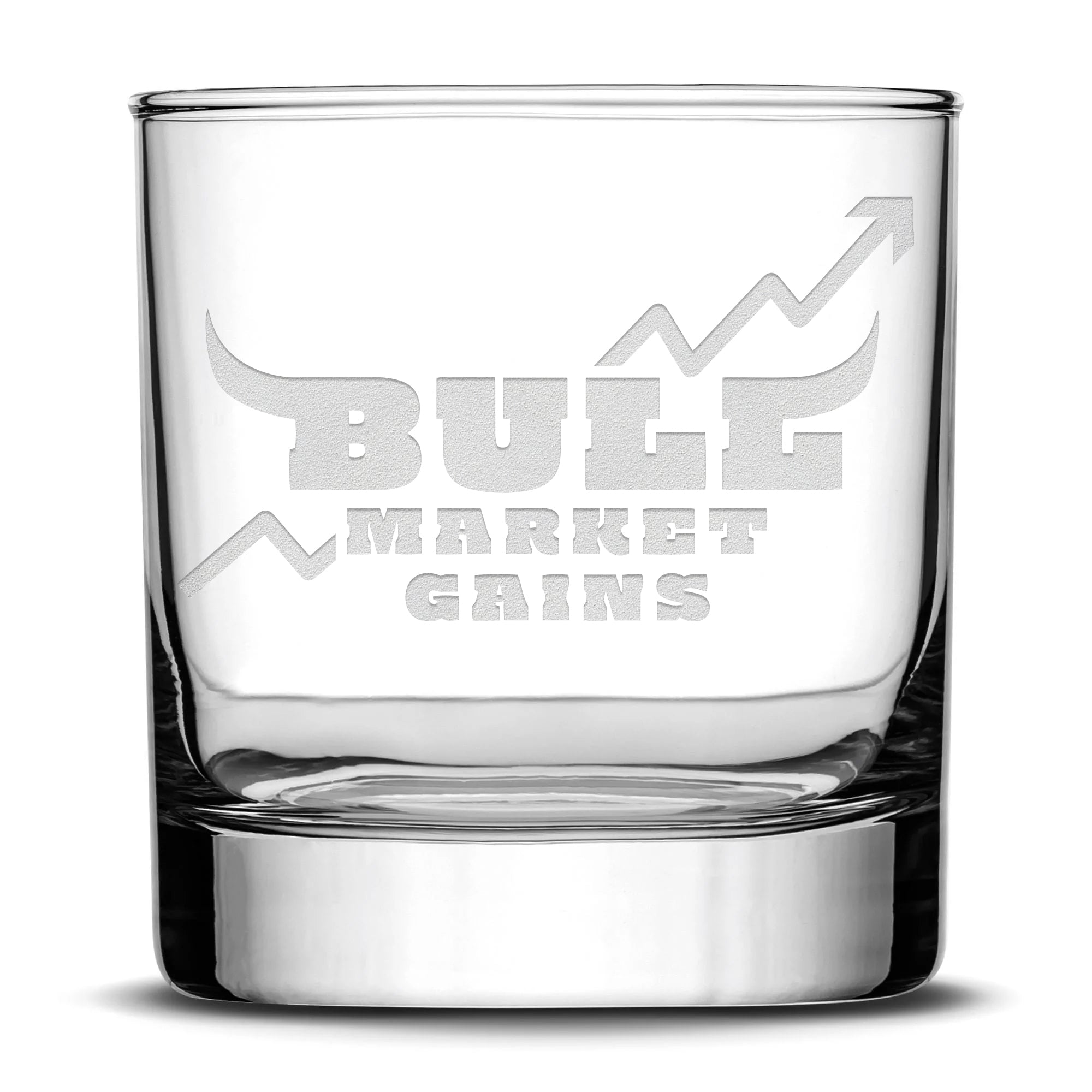 Integrity Bottles Premium, Bull Market Gains, Whiskey Glass, Hand Made in USA, Laser Etched or Hand Etched, 11oz