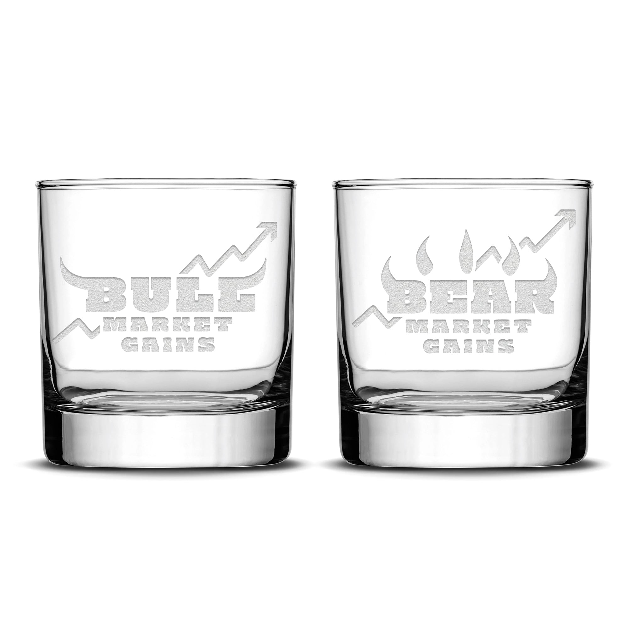 Integrity Bottles Premium, Stock Market Gains, Whiskey Glass (Set of 2), Hand Made in USA, Laser Etched or Hand Etched, 11oz
