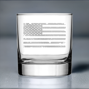 Premium Distressed American Flag Whiskey Glass, Hand Etched 11oz Rocks Glass, Made in USA