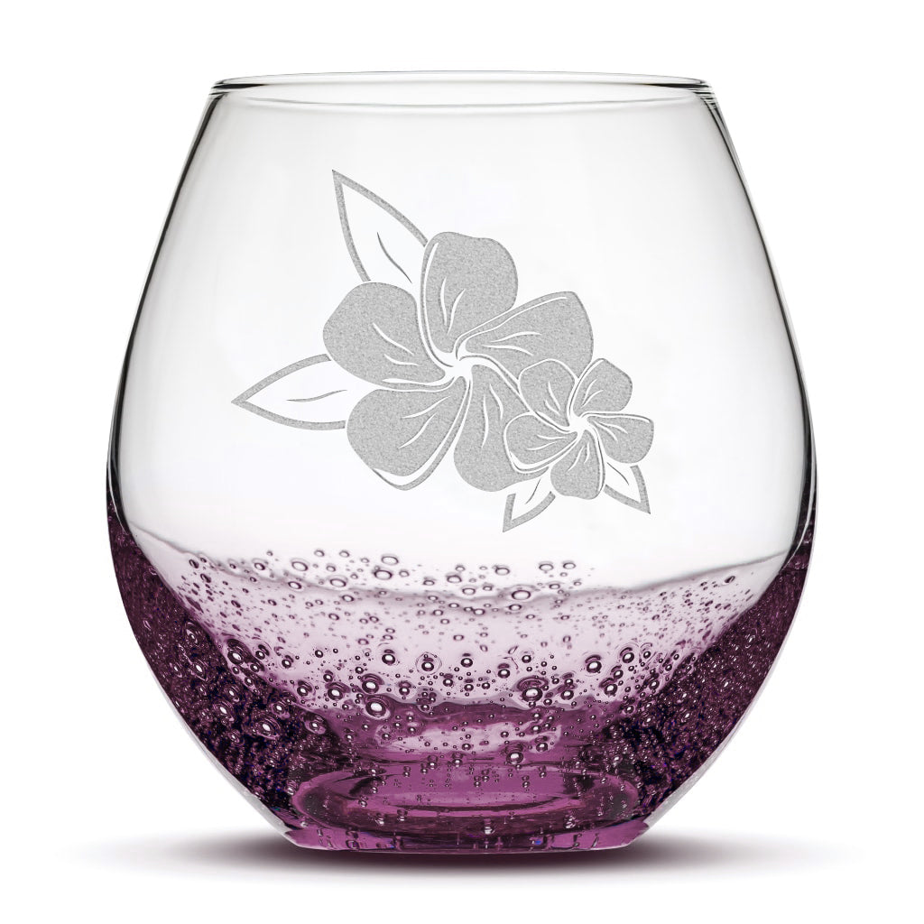 Bubble Wine Glass, 2 Plumerias with Leaves, Laser Etched or Hand Etched, 18oz