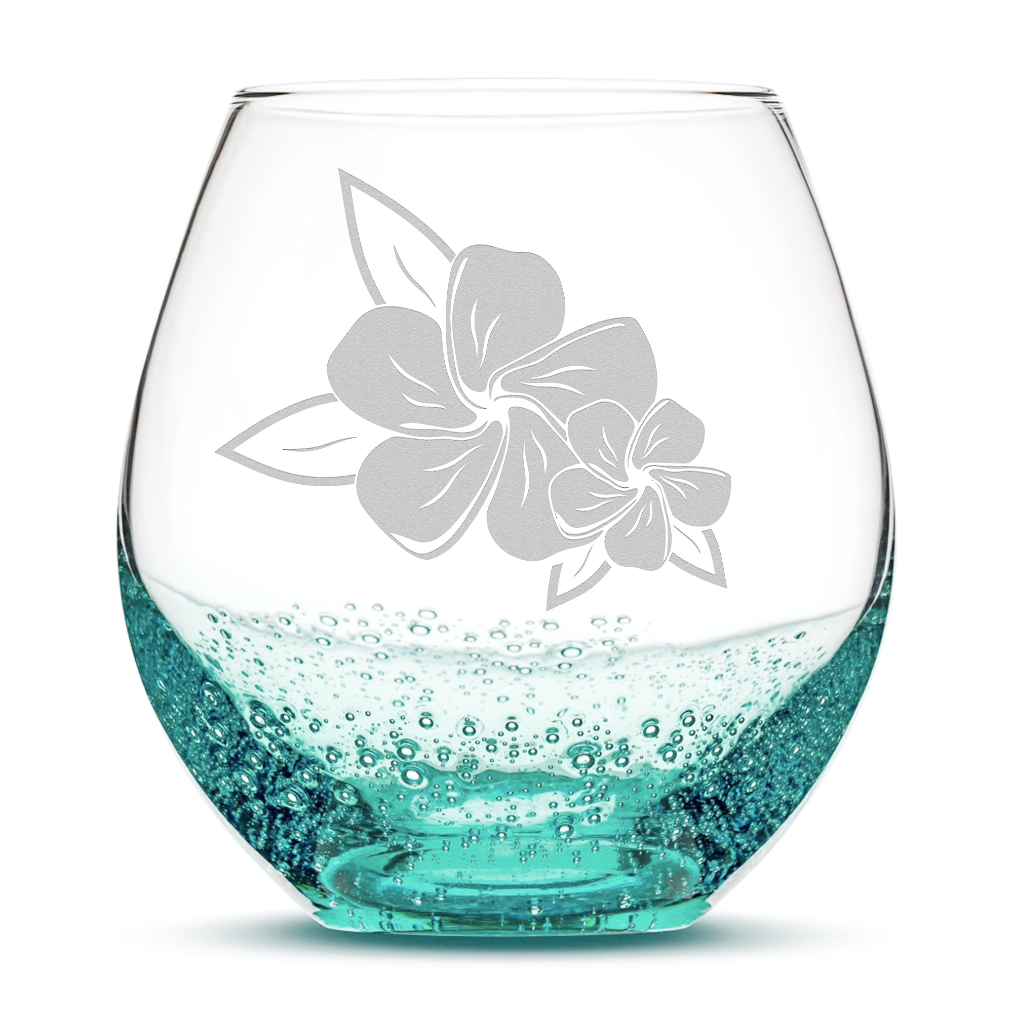 Bubble Wine Glass, 2 Plumerias with Leaves, Laser Etched or Hand Etched, 18oz