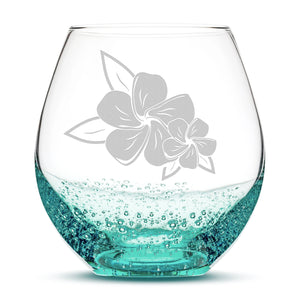 Bubble Wine Glass, 2 Plumerias with Leaves, Hand Etched, 18oz