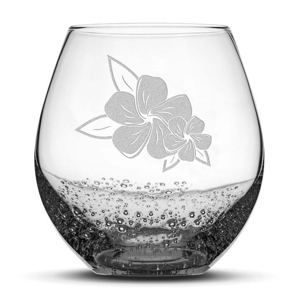 Bubble Wine Glass, 2 Plumerias with Leaves, Laser Etched or Hand Etched, 18oz