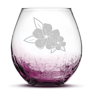 Crackle Wine Glass, 2 Plumerias with Leaves, Hand Etched, 18oz