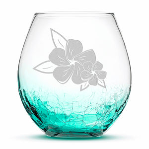 Crackle Wine Glass, 2 Plumerias with Leaves, Hand Etched, 18oz