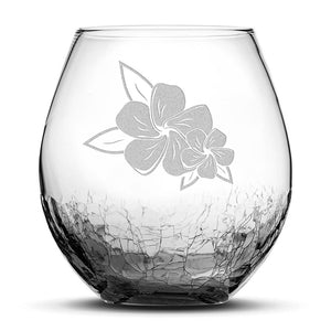 Crackle Wine Glass, 2 Plumerias with Leaves, Laser Etched or Hand Etched, 18oz