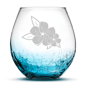 Crackle Wine Glass, 2 Plumerias with Leaves, Laser Etched or Hand Etched, 18oz