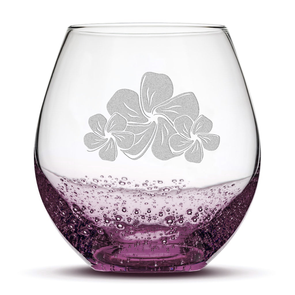 Bubble Wine Glass, 3 Plumerias, Laser Etched or Hand Etched, 18oz