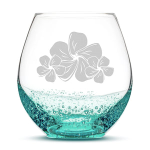 Bubble Wine Glass, 3 Plumerias, Laser Etched or Hand Etched, 18oz