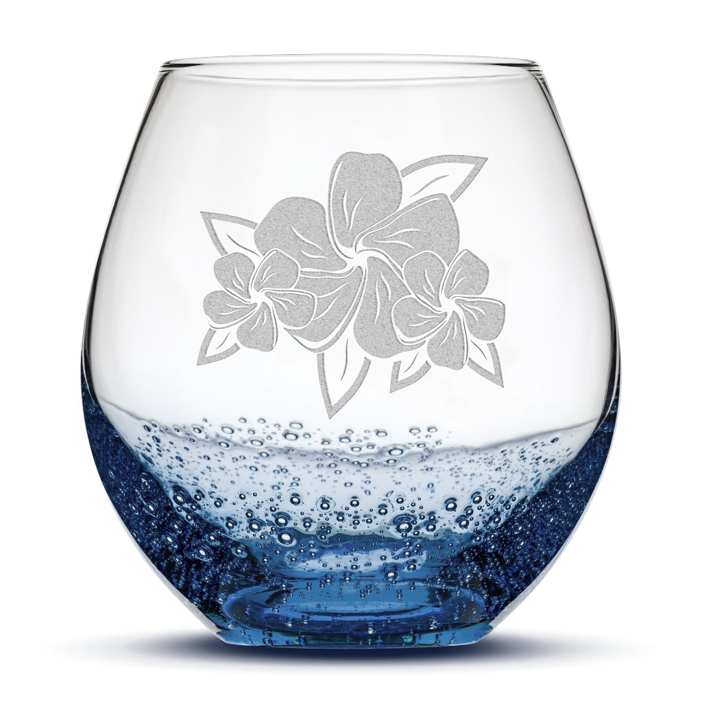 Bubble Wine Glass, 3 Plumerias with Leaves, Laser Etched or Hand Etched, 18oz