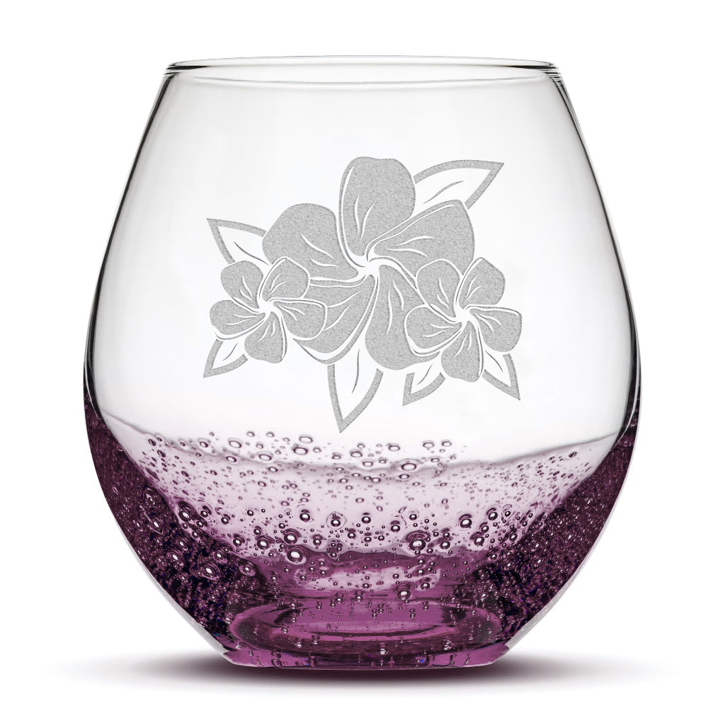 Bubble Wine Glass, 3 Plumerias with Leaves, Laser Etched or Hand Etched, 18oz
