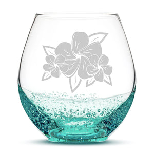 Bubble Wine Glass, 3 Plumerias with Leaves, Hand Etched, 18oz